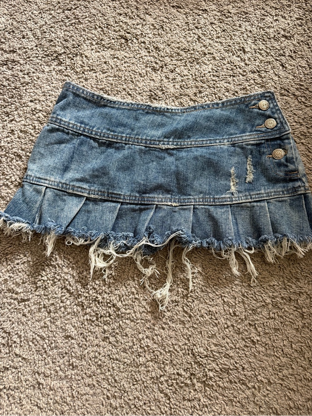 Ub2 Denim Blue Pleated Mini Skirt with Frayed Hem
